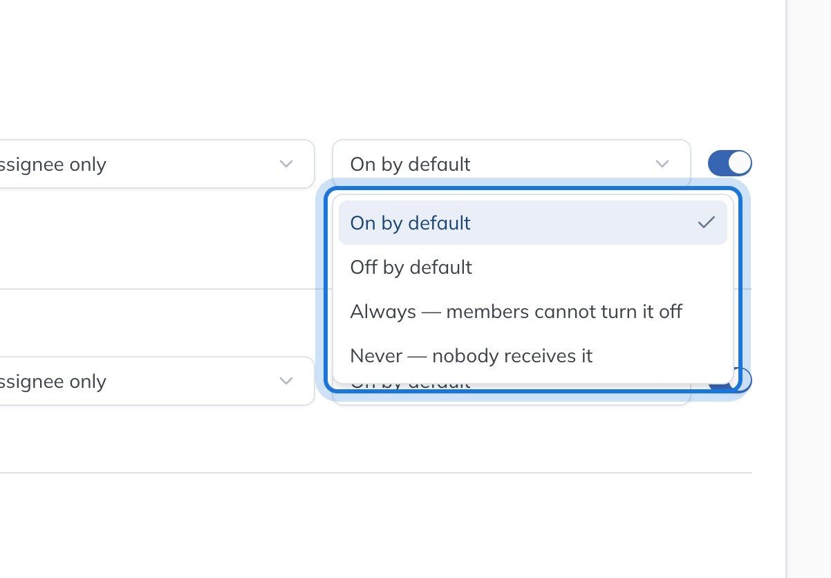 The email rule choices for "A deadline is coming up": on by default, off by default, always, or never.
