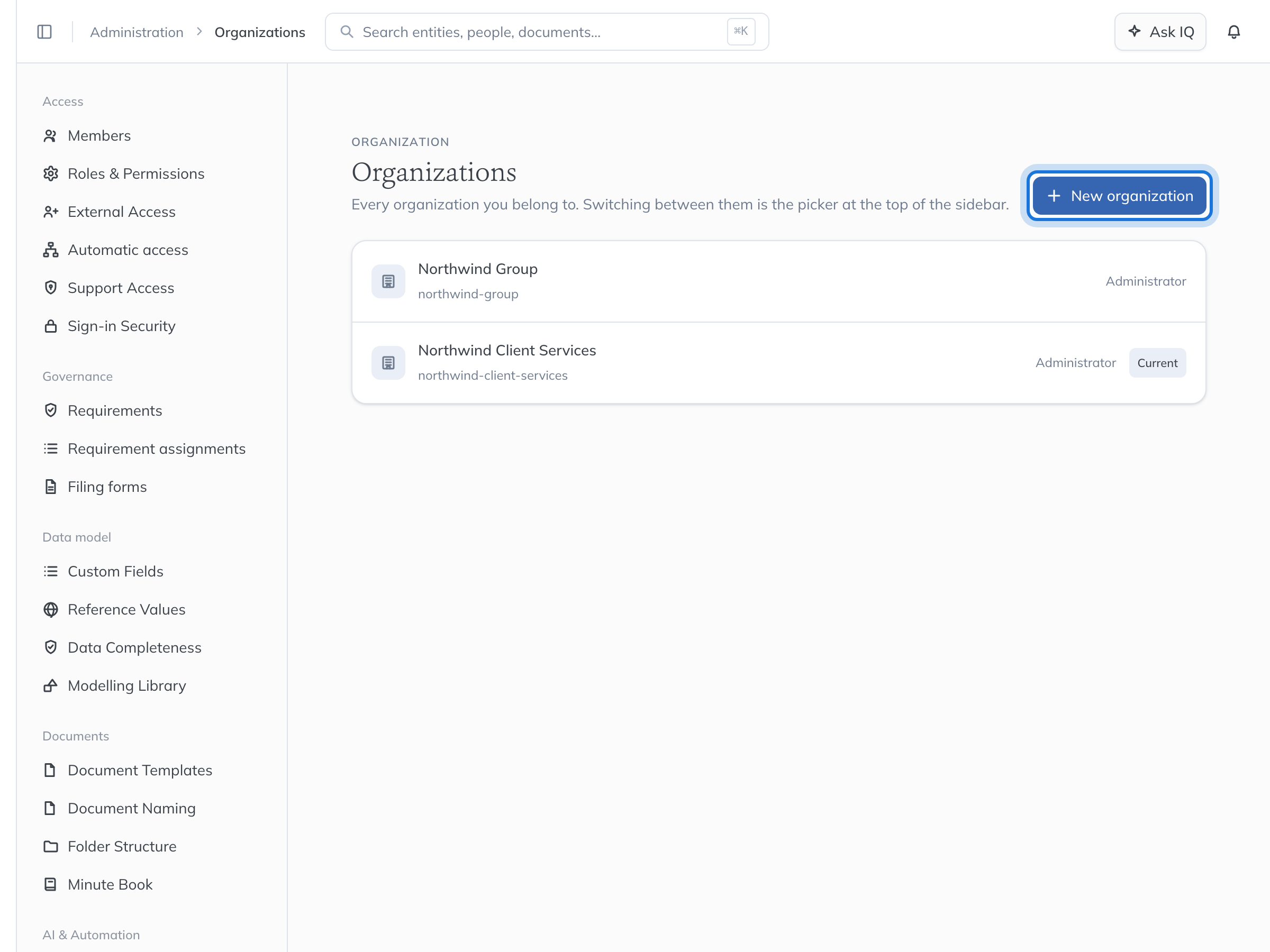 The Organizations page in Administration, listing your organisations with your role in each, and the New organization button.