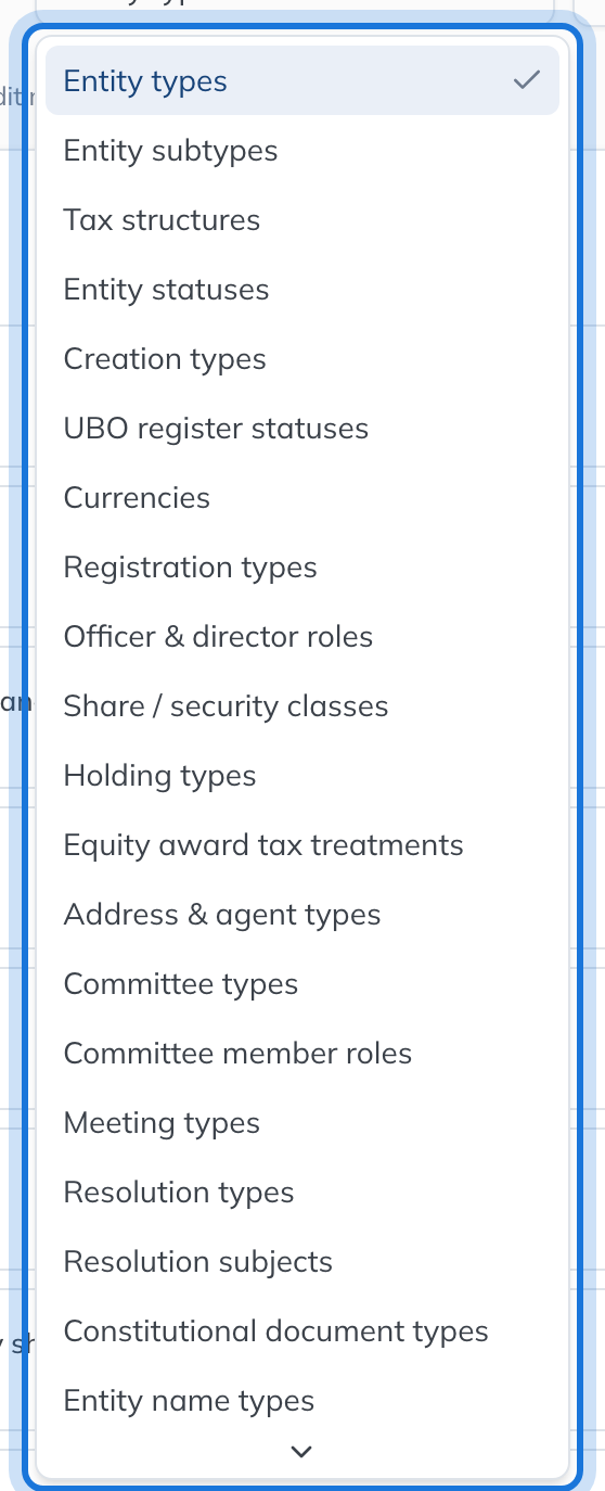 The lists that can be tailored: entity types, statuses, officer and director roles, meeting types and more.