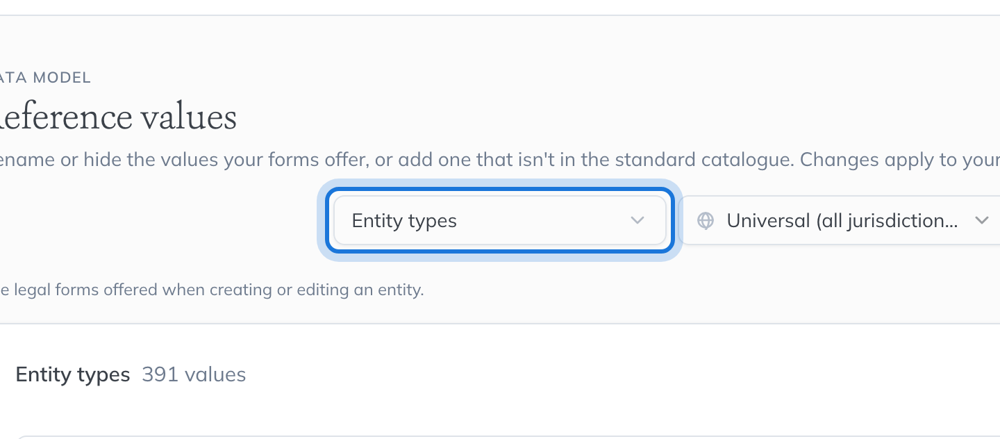 The Reference values page, with the list picker highlighted.