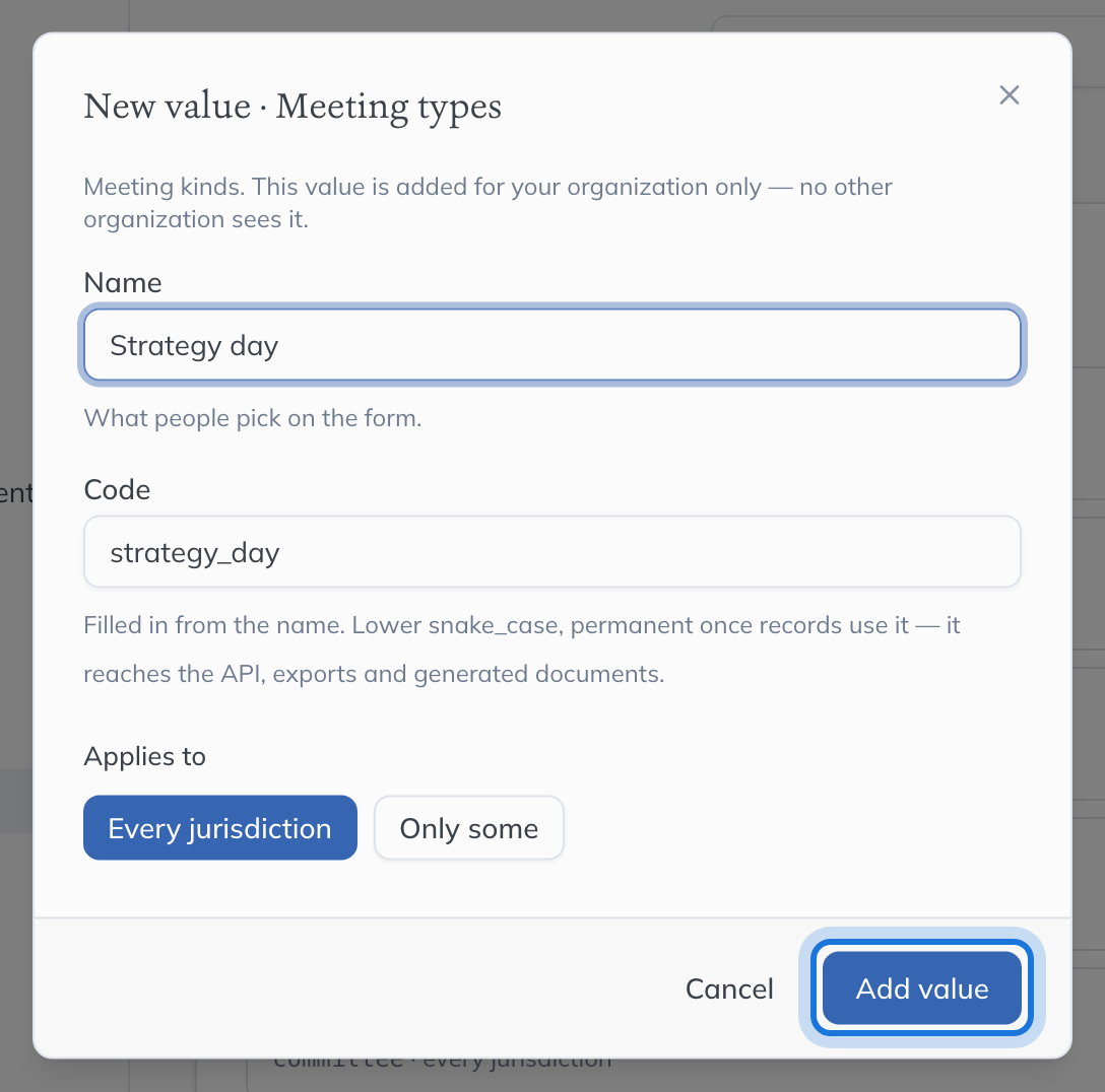 The New value dialog for Meeting types, with a name typed and its code filled in from it.