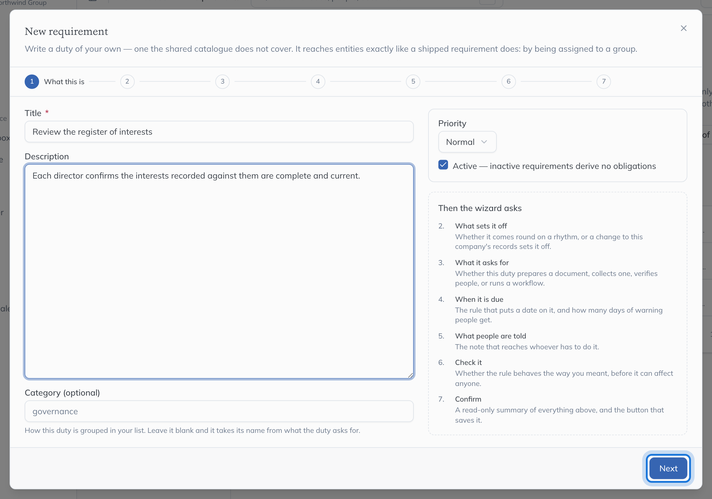 The first step of the requirement wizard, What this is, with a title and description filled in.