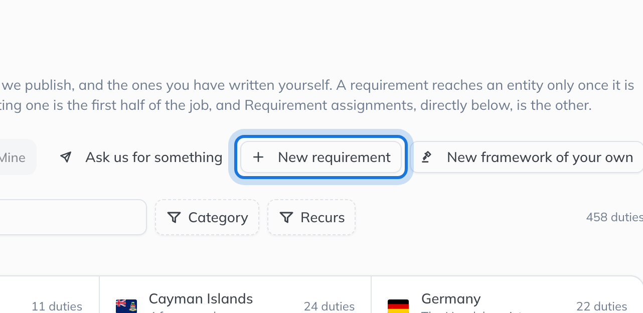 The Requirements page in Administration, with New requirement highlighted.