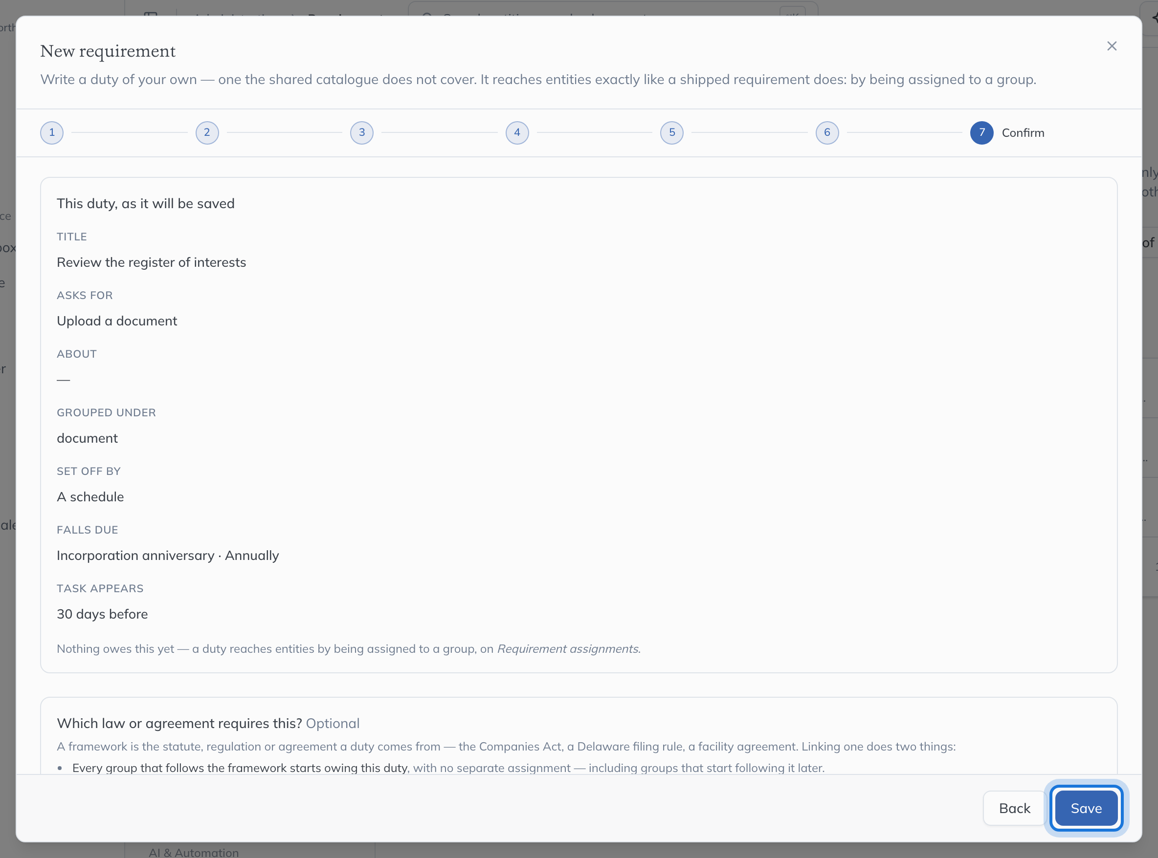The Confirm step, summarising the requirement, with Save highlighted.