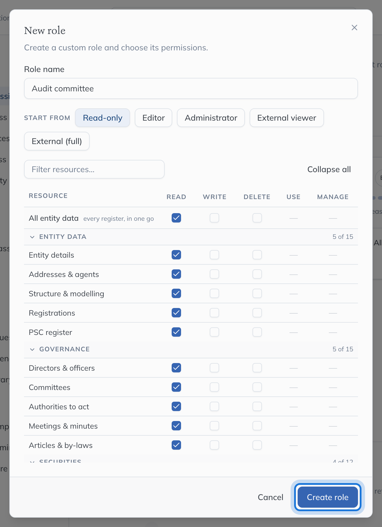 The New role dialog with the Read-only permissions ticked, and Create role highlighted.