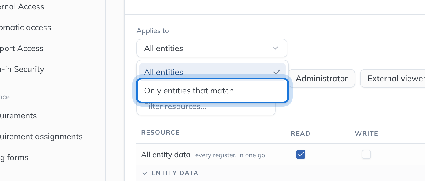 The Applies to list open, with Only entities that match highlighted.
