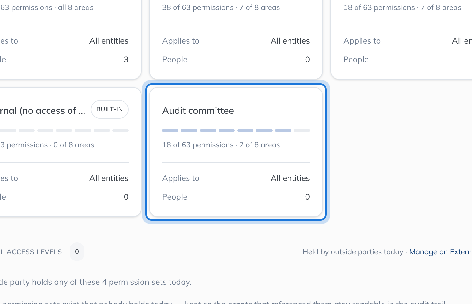 The new Audit committee role card on the Roles & Permissions page.