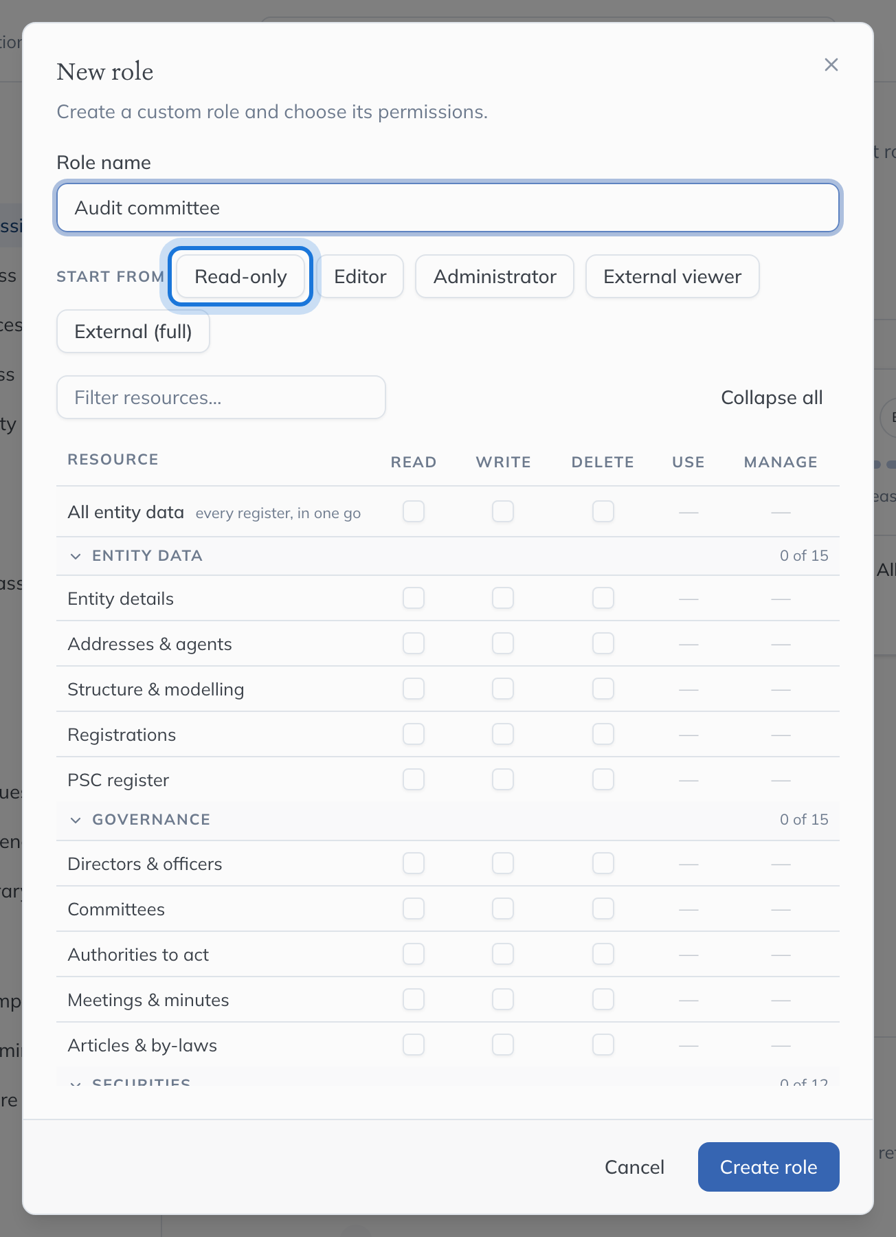 The New role dialog, with the name Audit committee typed and the Read-only preset highlighted.