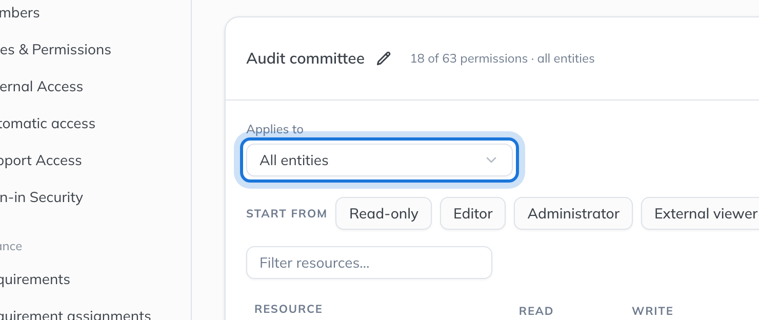 The Audit committee role page, with Applies to set to All entities.