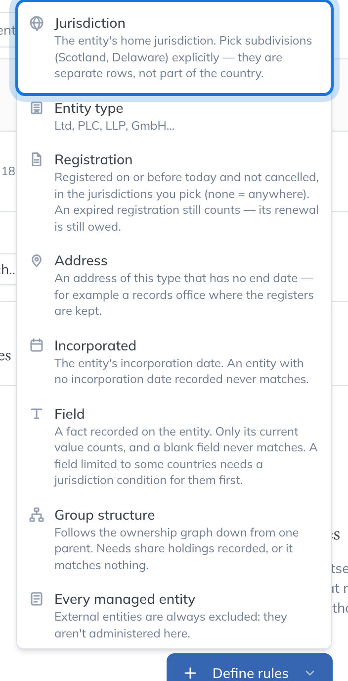 The Define rules menu, listing the kinds of condition, with Jurisdiction highlighted.