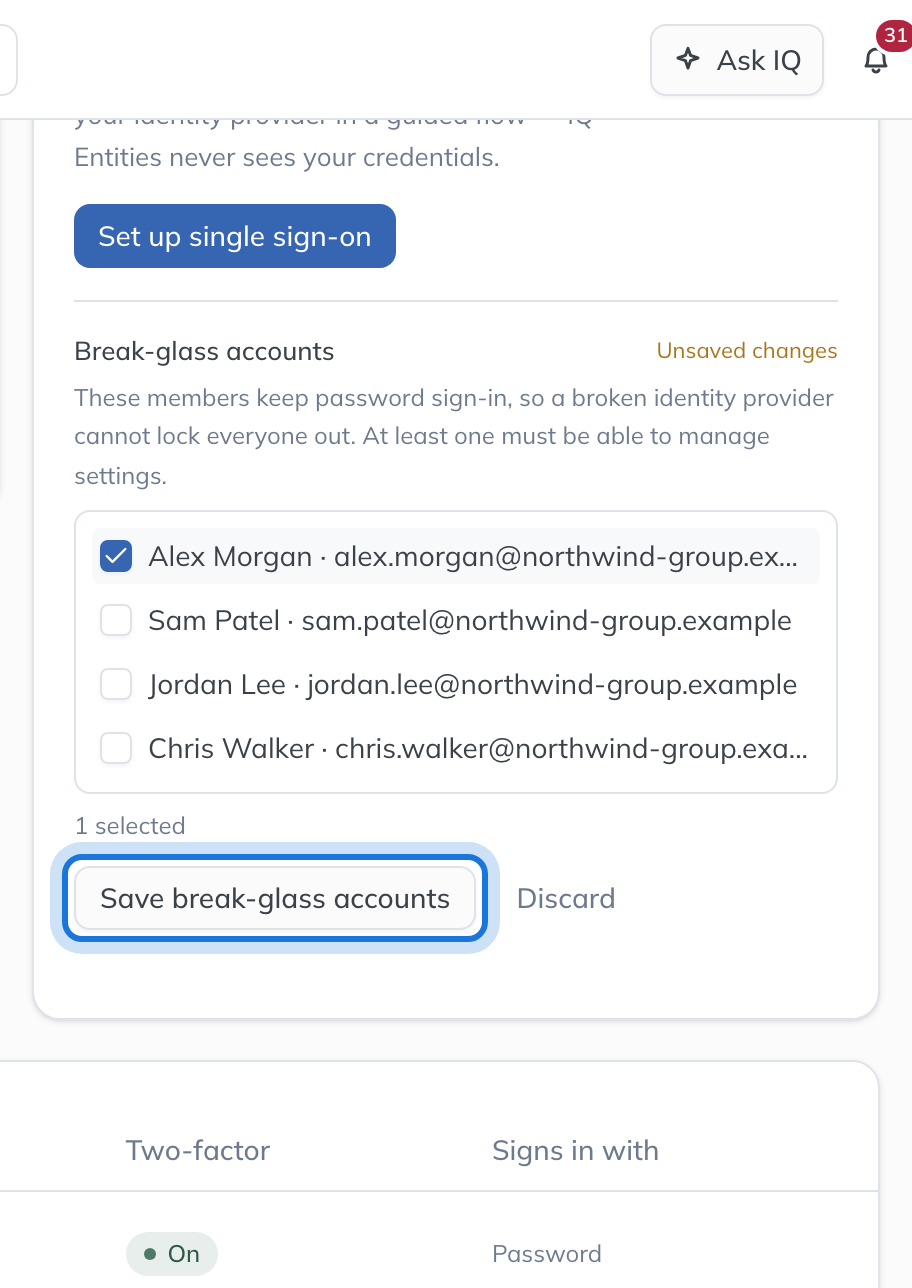 Break-glass accounts in the Single sign-on card, with one administrator ticked and Save break-glass accounts highlighted.