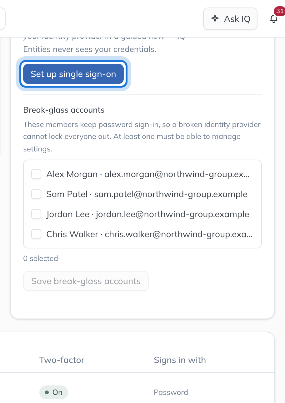 The Single sign-on card, not set up yet, with Set up single sign-on highlighted.
