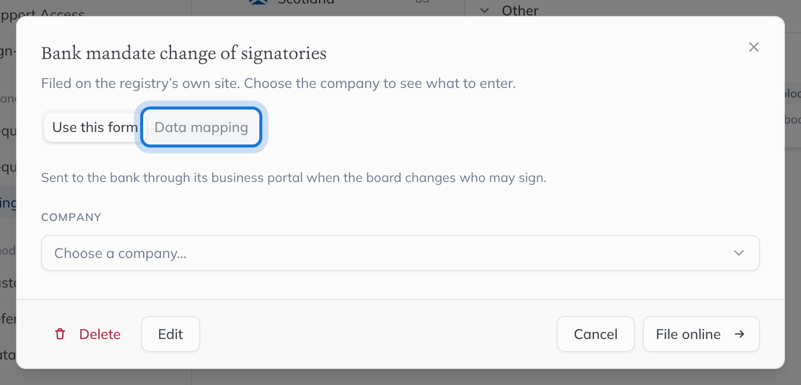The web form opened, with the Data mapping tab highlighted.