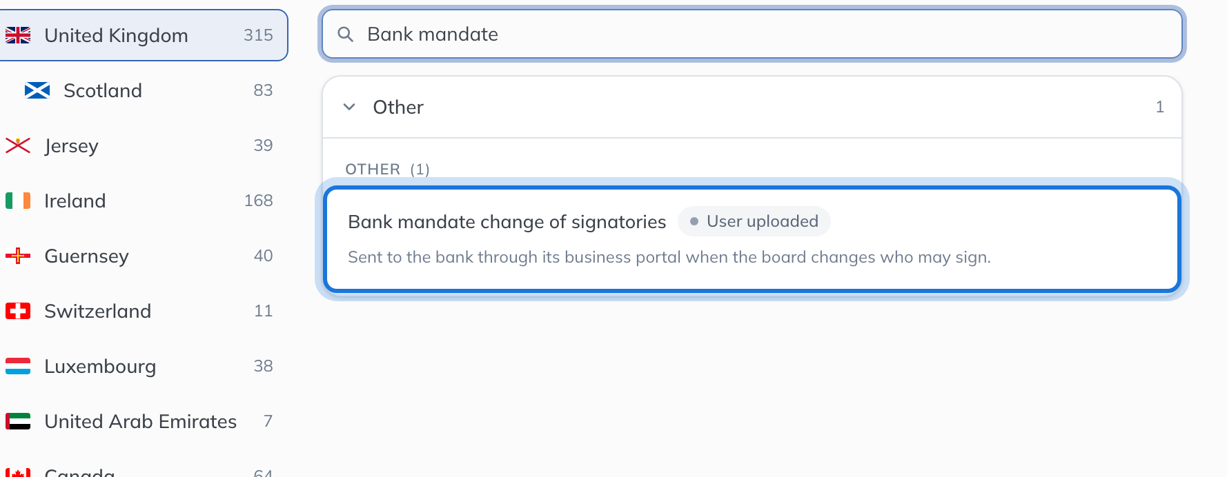 The new web form listed among the United Kingdom’s forms, highlighted.
