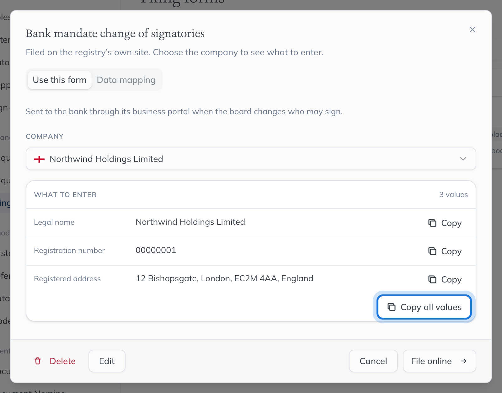 Northwind Holdings Limited chosen, with What to enter listing its values in the website’s order and Copy all values highlighted.
