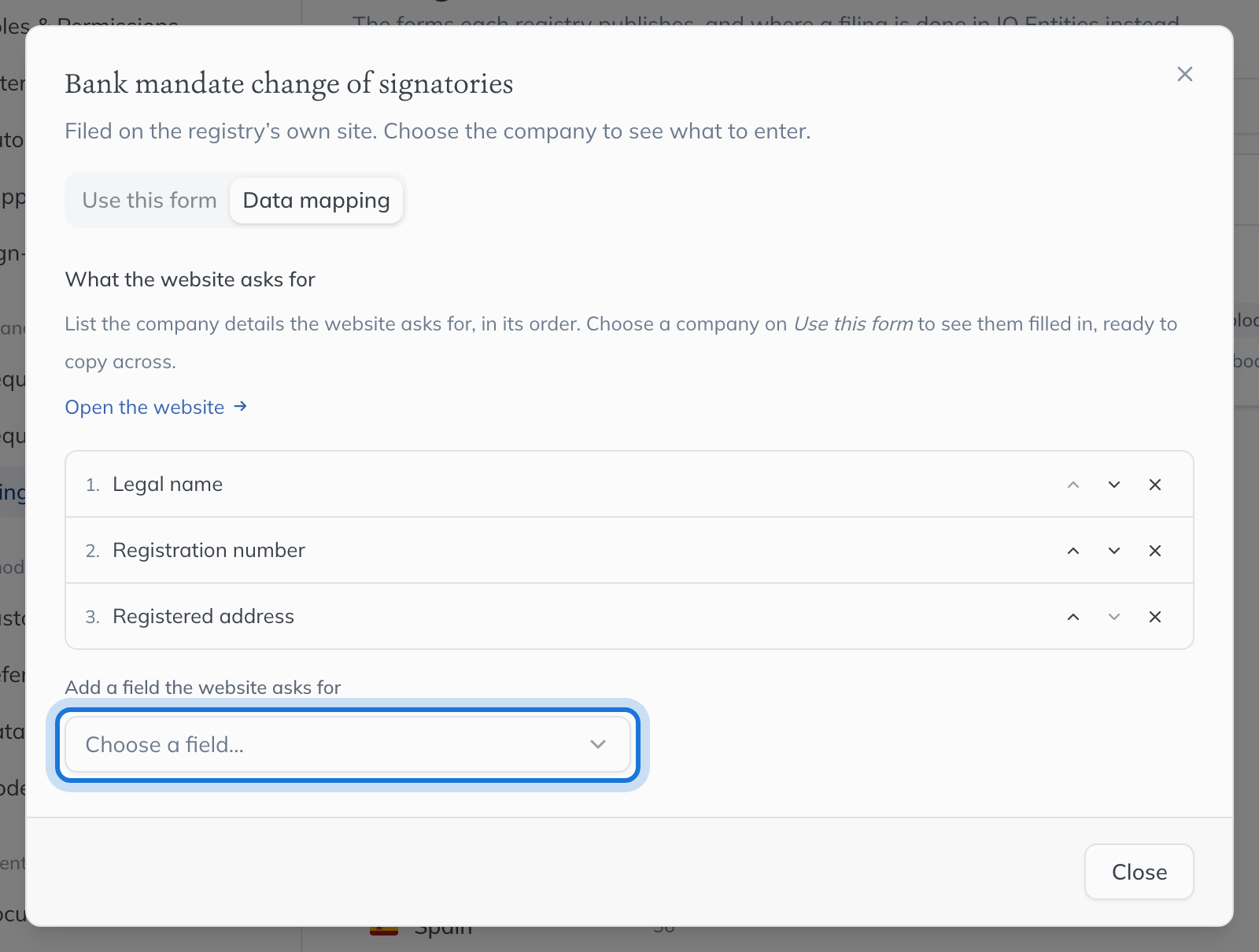 The Data mapping tab listing what the website asks for, in its order, with Add a field the website asks for highlighted below.