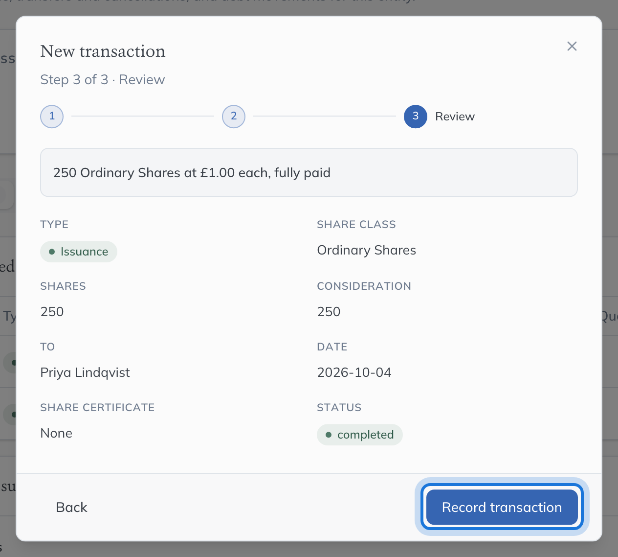 The Review step summarising the issuance, with Record transaction highlighted.