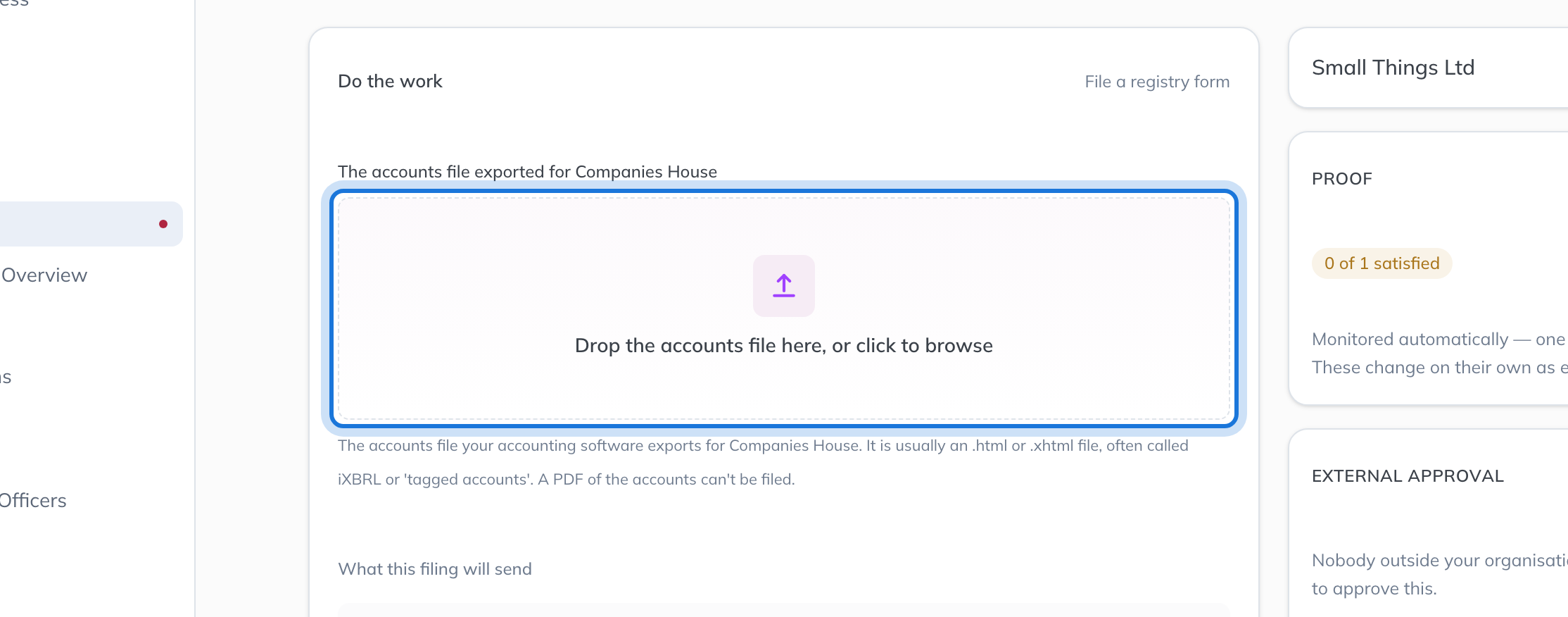 The annual accounts task, with the field for the accounts file exported for Companies House highlighted.