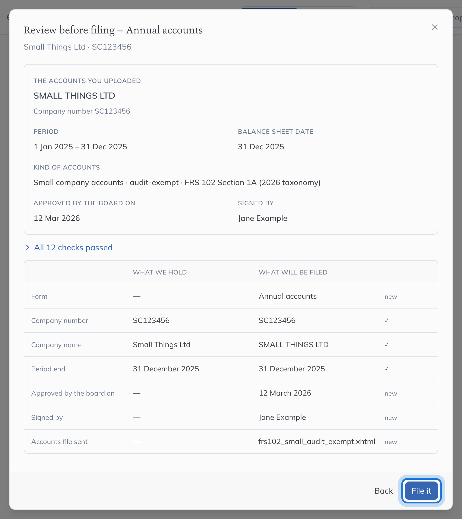 Review before filing: what will be filed with Companies House for the company, with File it highlighted.
