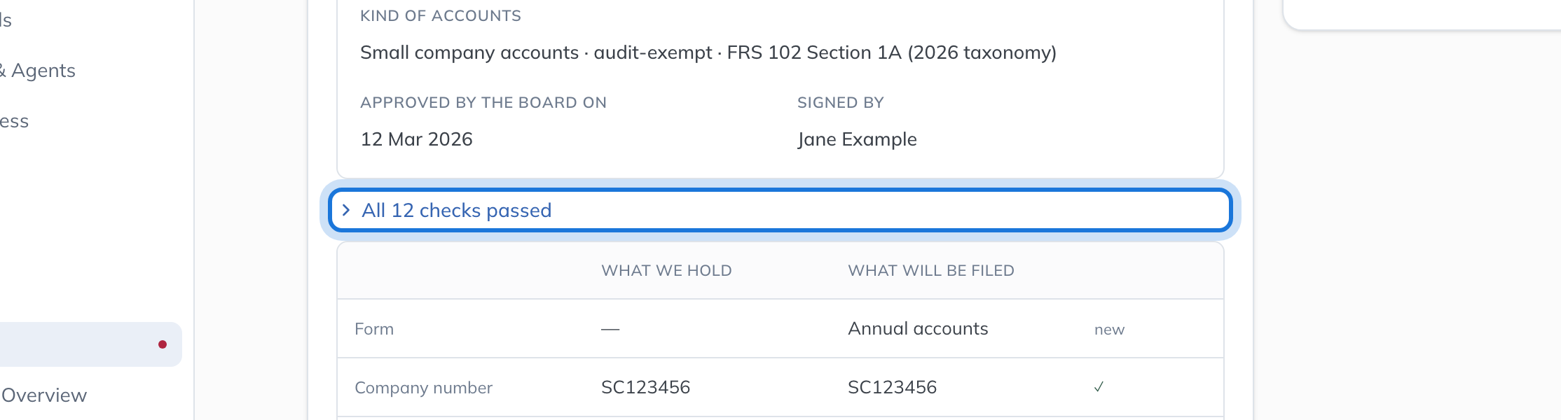 Beneath the summary, the checks on the accounts file, here folded into a single line saying every check passed.