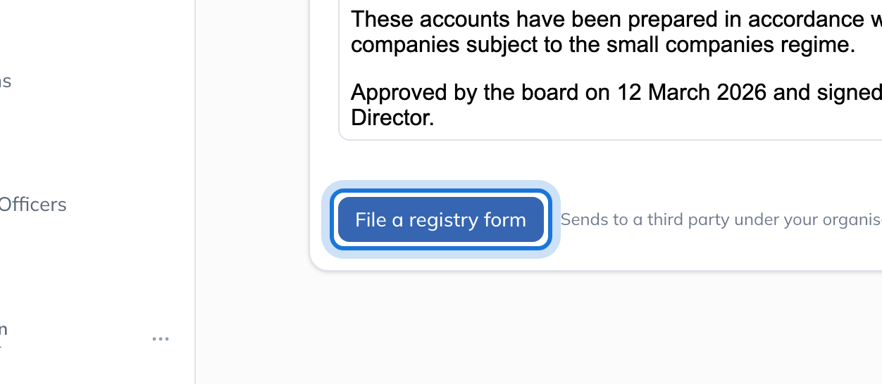 The annual accounts task with File a registry form highlighted.