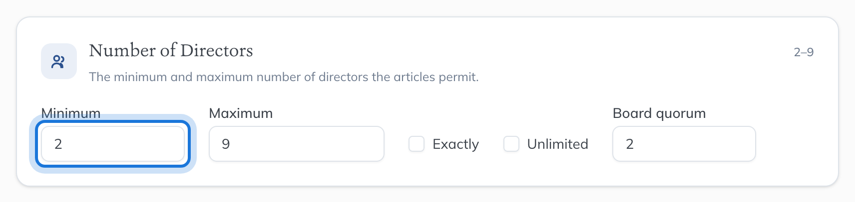 The Number of Directors section of the Articles page, filled in with a minimum of two, a maximum of nine and a quorum of two.