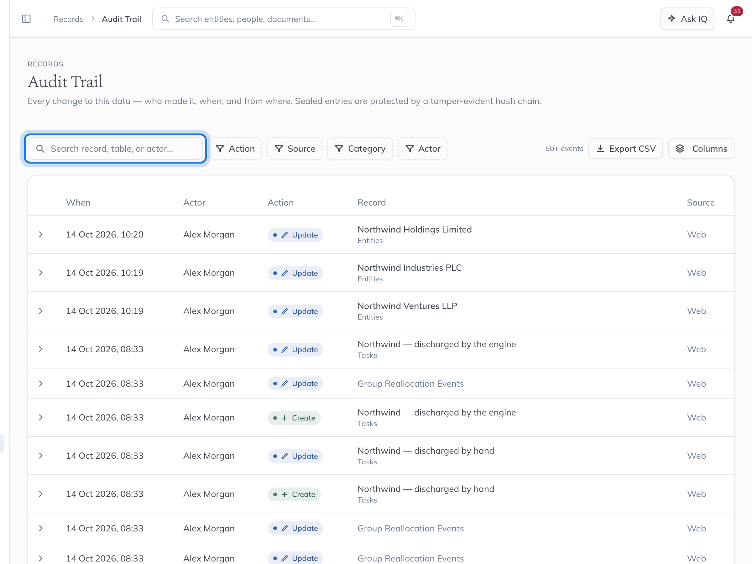 The Audit Trail page: who changed what and when, newest first, with search and filters above.