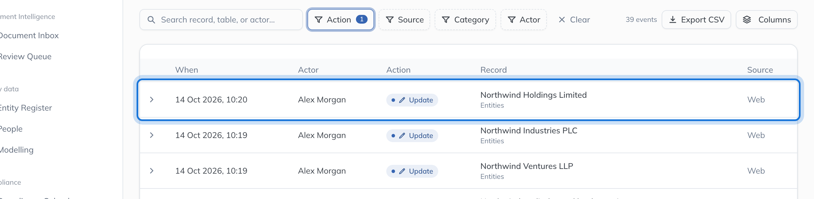 The newest change in the audit trail, which opens to show the fields it changed.