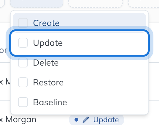 The Action filter open, listing the kinds of change to show.