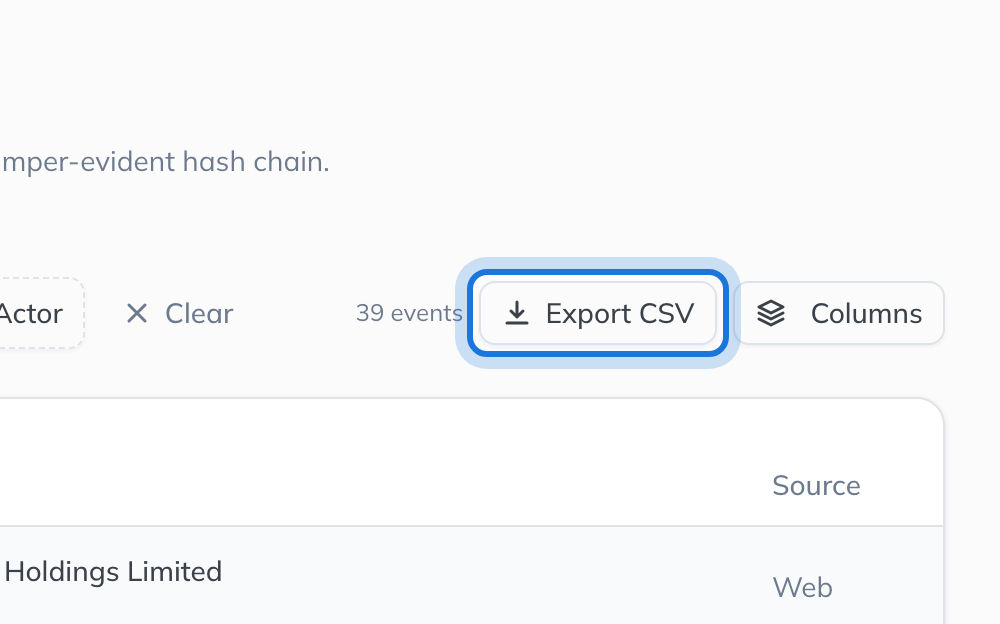 The Export CSV button beside the filters, which downloads the rows the filters show.