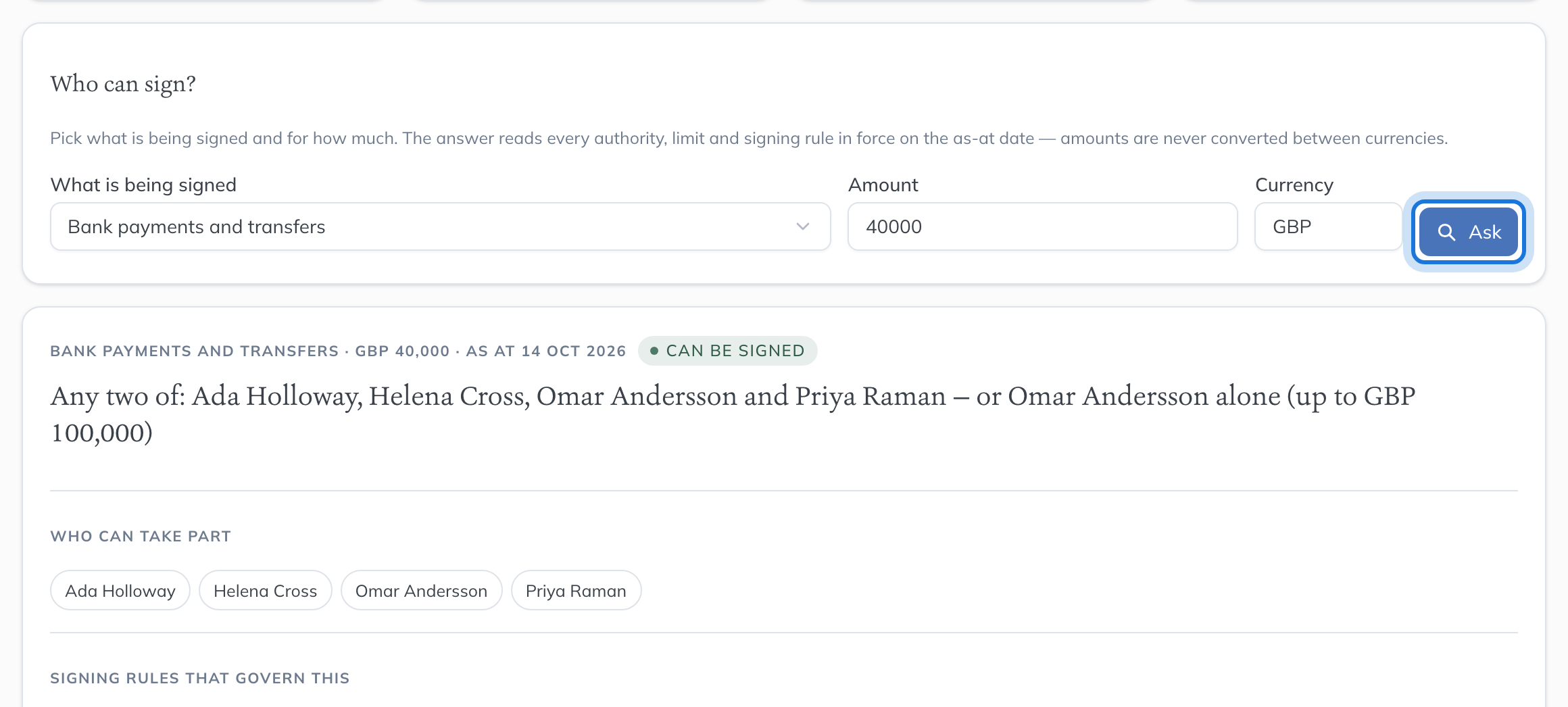 The Who can sign? panel answering for a £40,000 payment, listing who may sign it and under which rule.