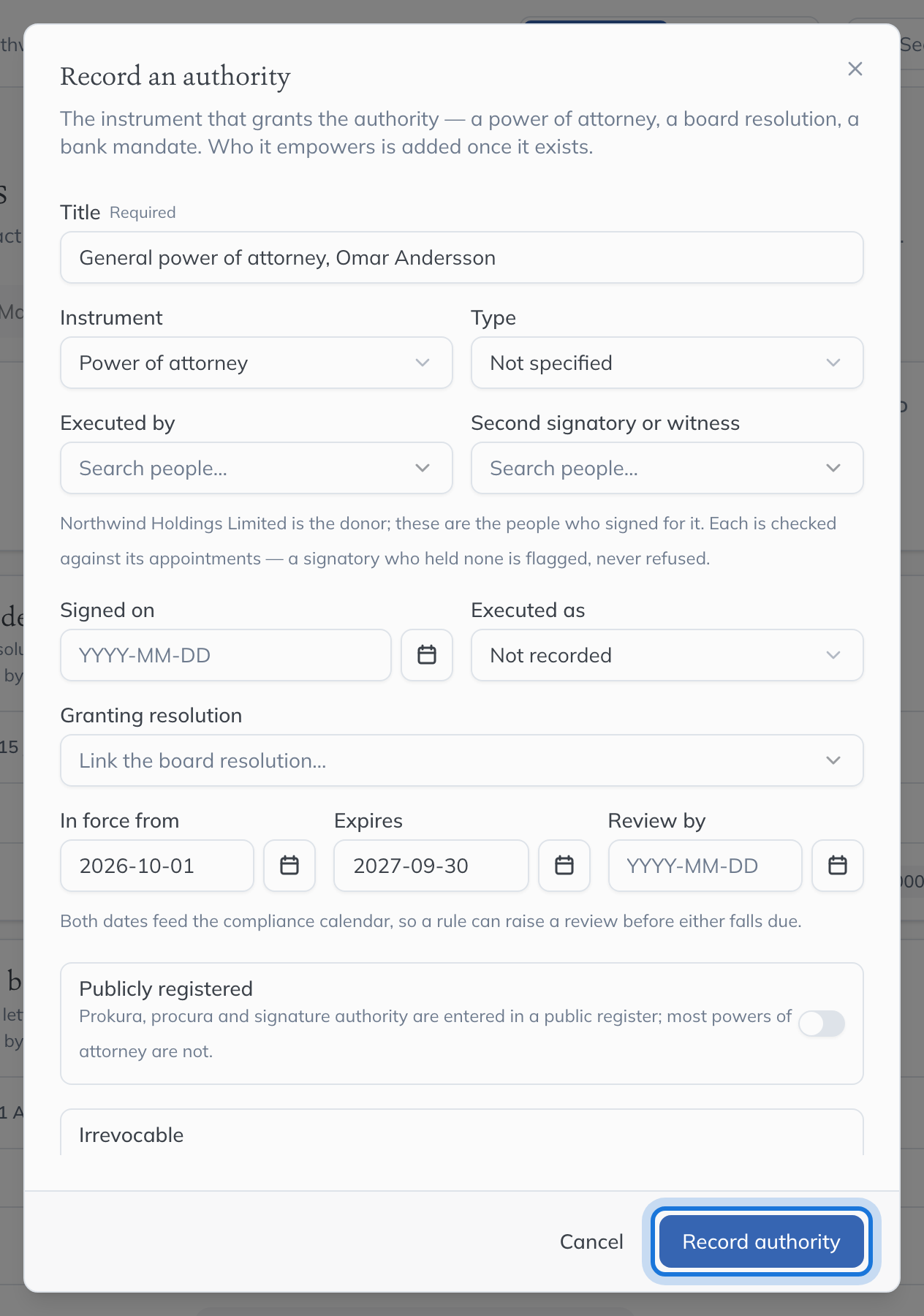 The Record an authority dialog, filled in for a power of attorney with the dates it runs between.