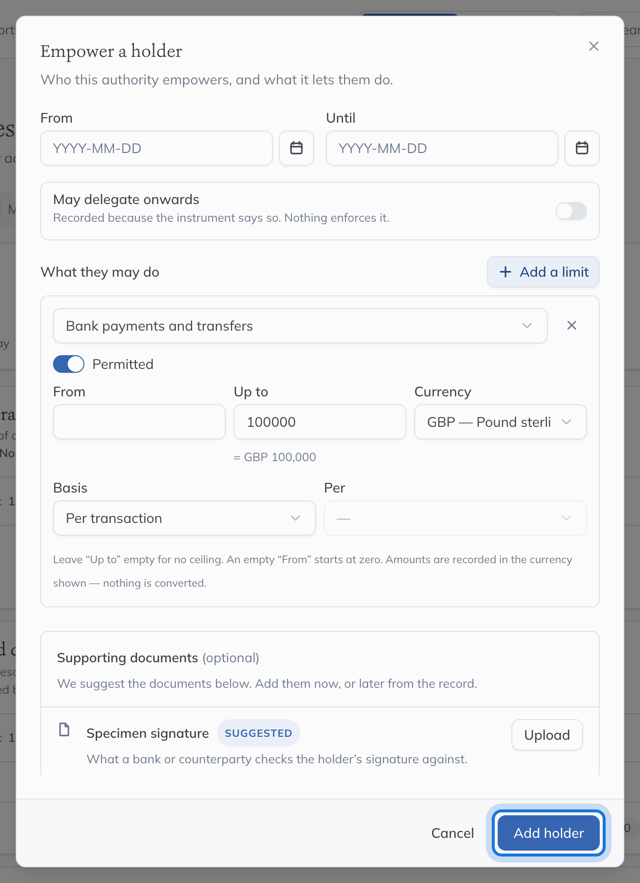 The Empower a holder dialog with Omar Andersson chosen and a limit on what he may sign.