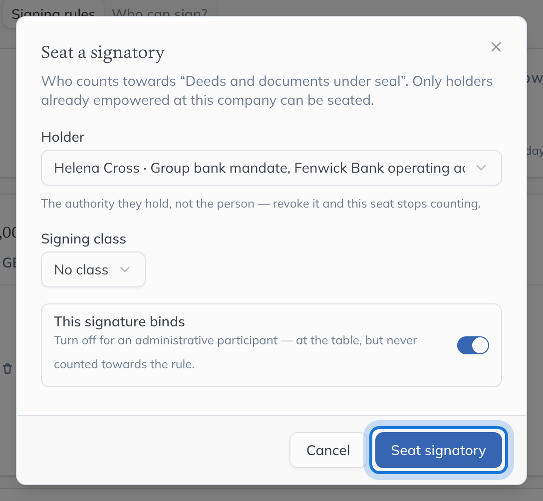 The Seat a signatory dialog, with Helena Cross’s authority under the bank mandate chosen.