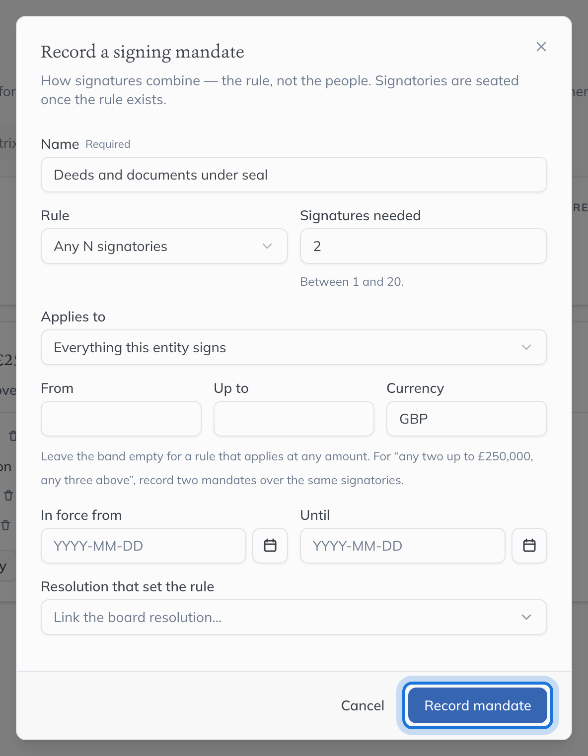 The Record a signing mandate dialog, set to need any two signatories.