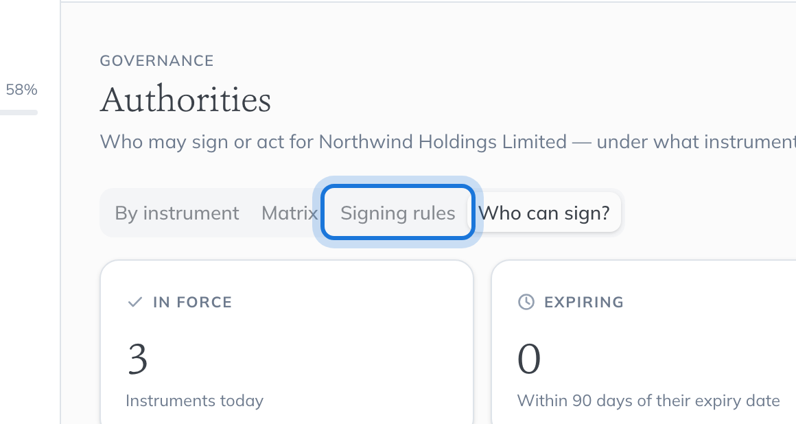 The view tabs on the Authorities page, with Signing rules highlighted.