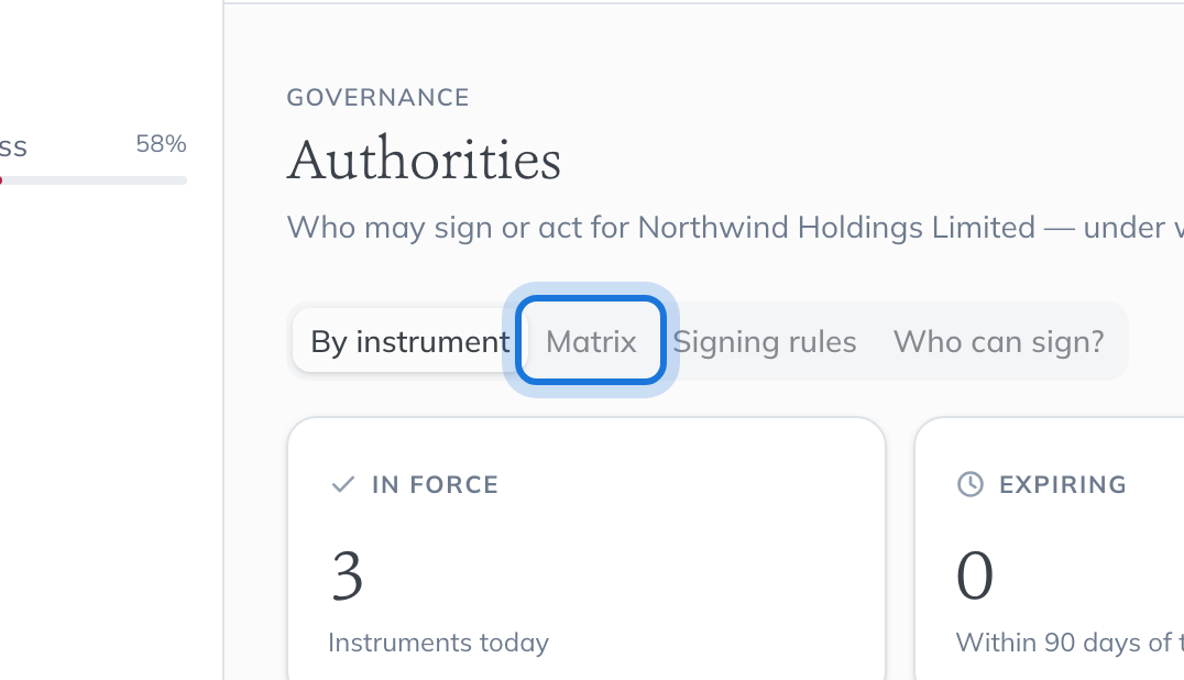 The view tabs on the Authorities page, with Matrix highlighted.