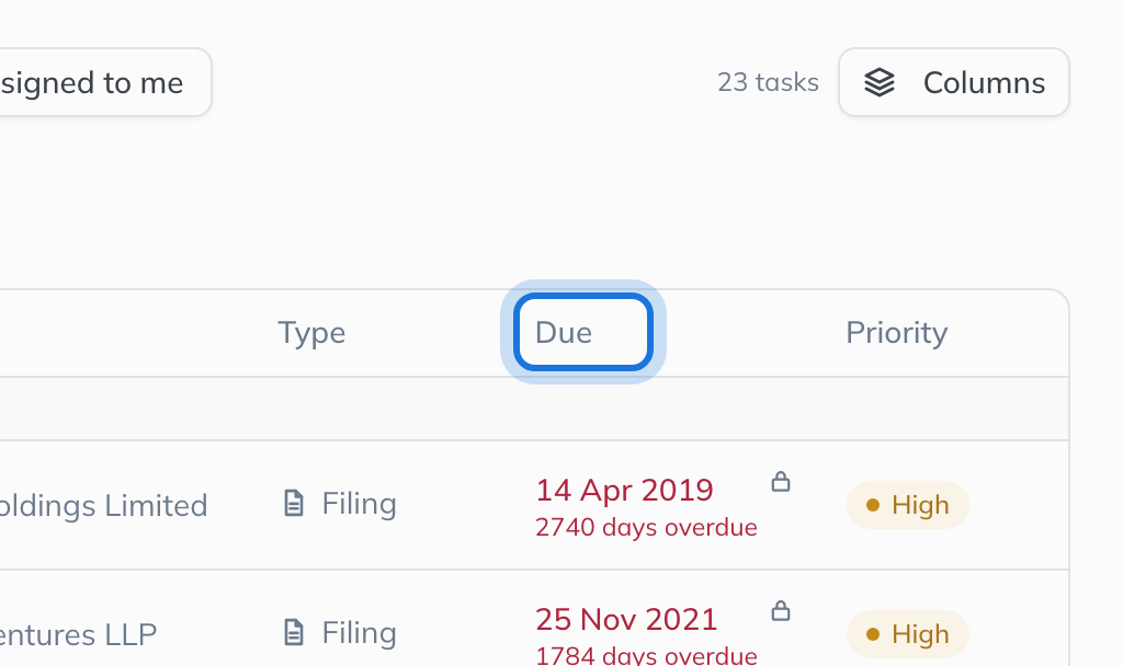 The Due column heading in the task list, which sorts the list by due date.