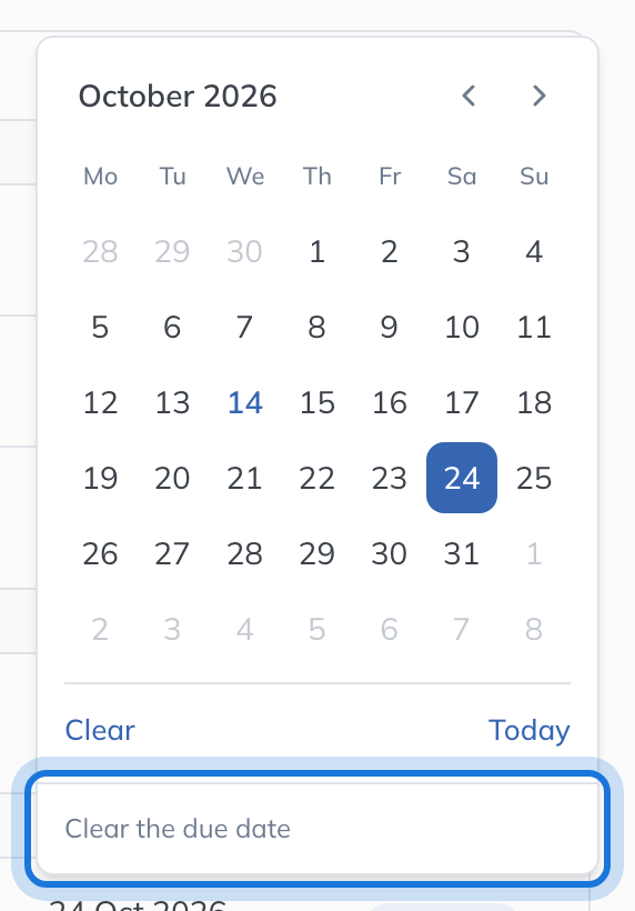 The date picker open under the due date, with Clear the due date at its foot.