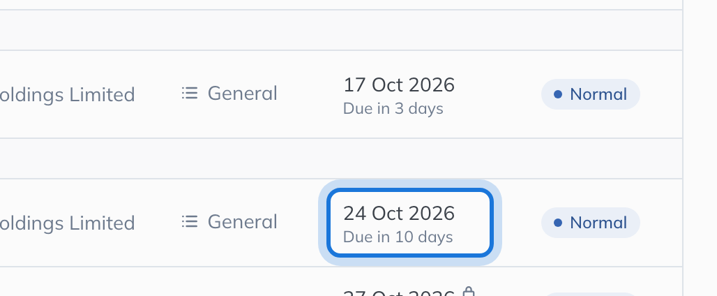 The due date of a task added by hand, highlighted in the Due column.