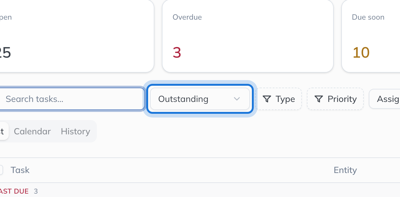 The status filter reading Outstanding, highlighted beside the search box.