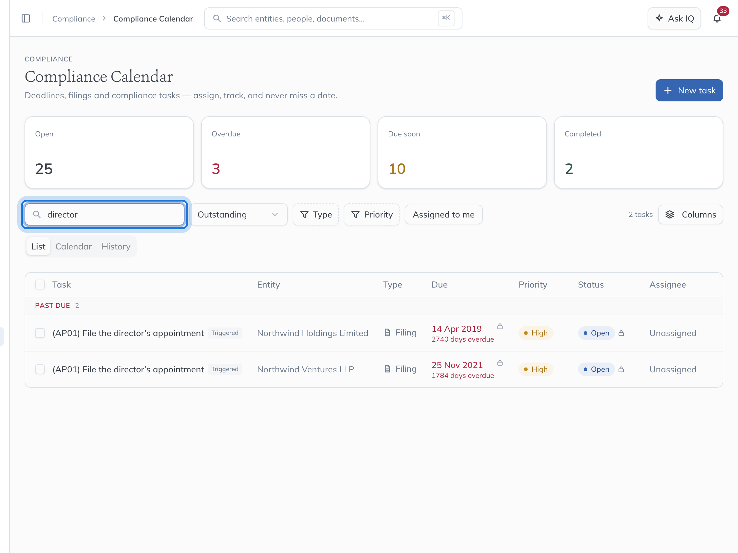 The search box with “director” typed in, and the list narrowed to the tasks that mention it.