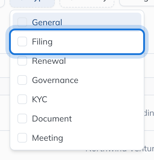The Type filter open, listing General, Filing, Renewal, Governance, KYC, Document and Meeting, with Filing highlighted.