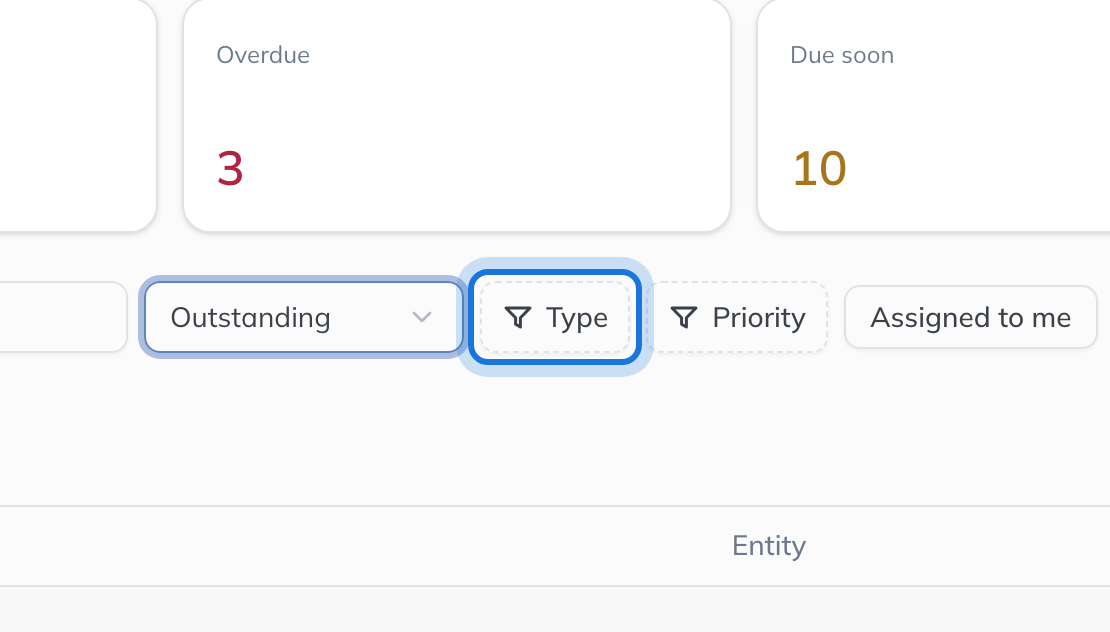 The Type filter button, highlighted beside Priority.