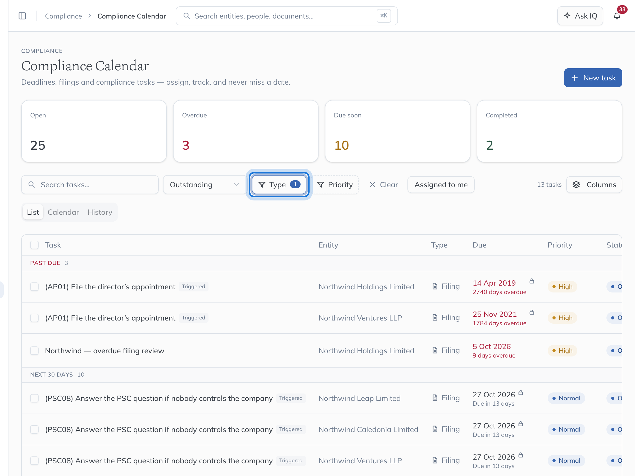 The Type filter showing one choice applied, and the list narrowed to filing tasks.
