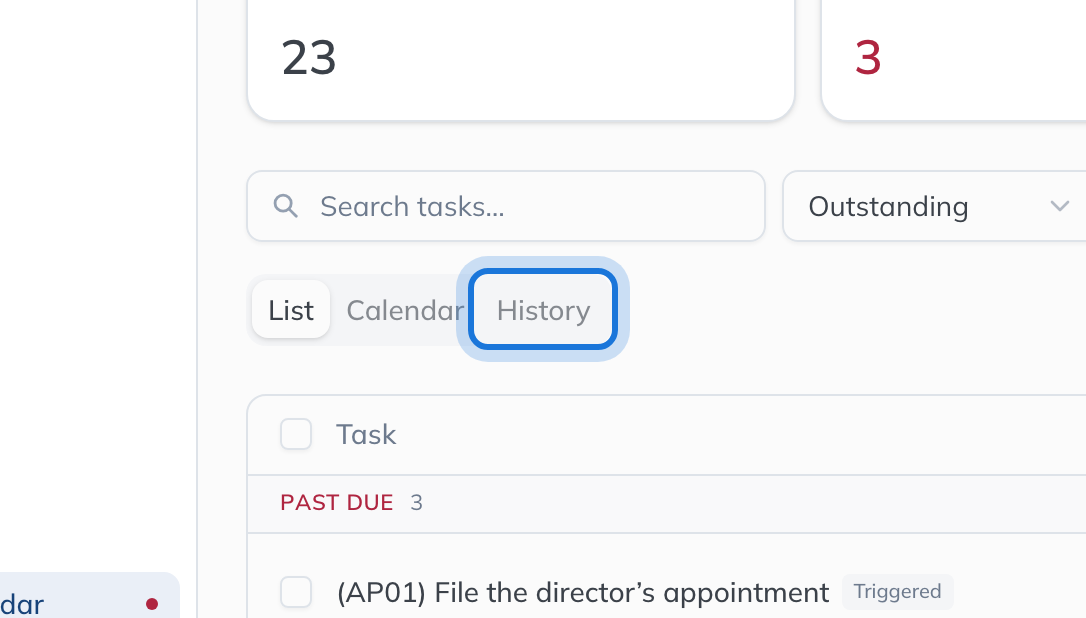 The History tab highlighted beside List and Calendar.