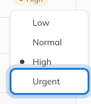 The priority menu open: Low, Normal, High and Urgent.