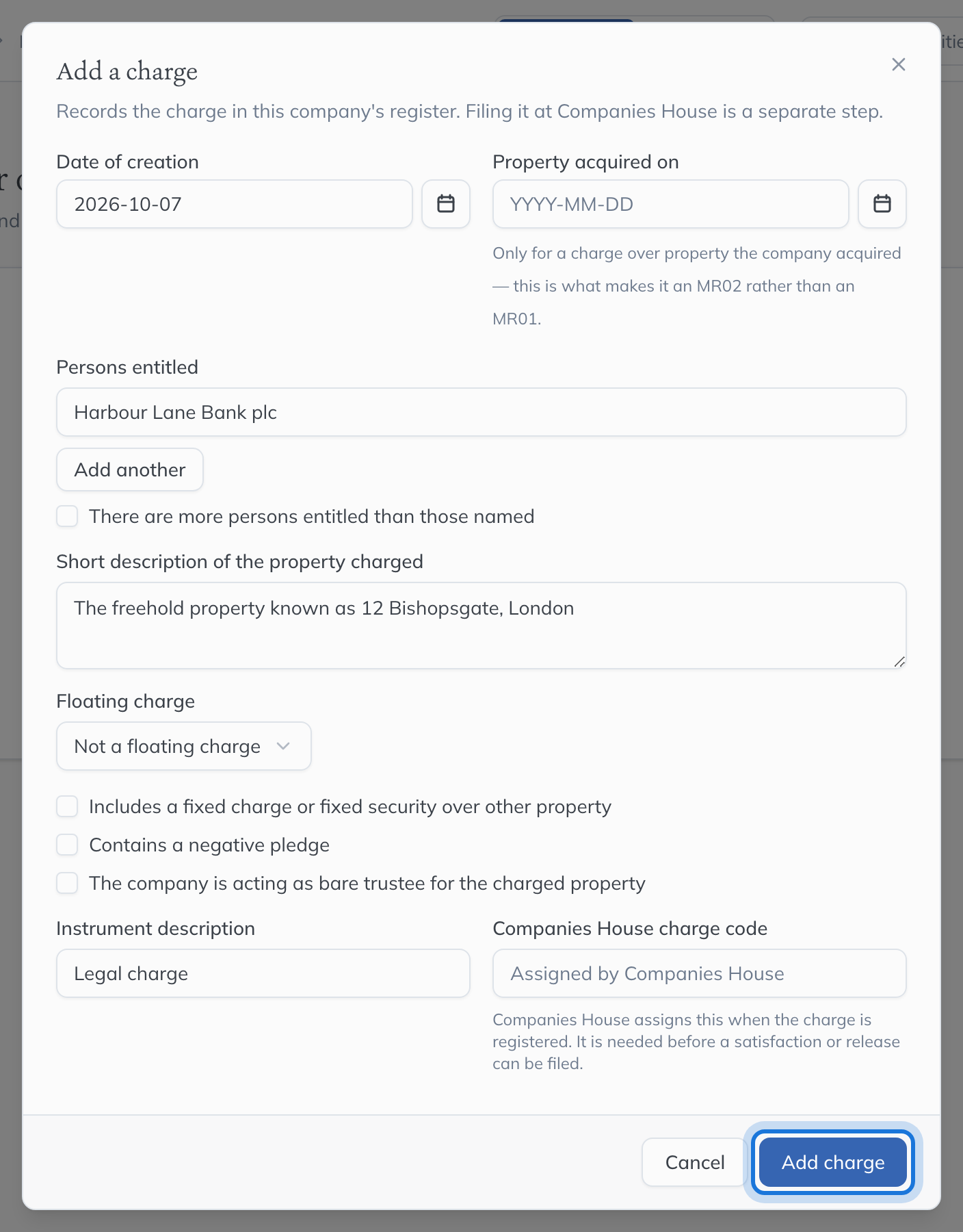 The Add a charge dialog filled in: the date of creation, the bank entitled to the charge, the property charged and the instrument, with Add charge highlighted.