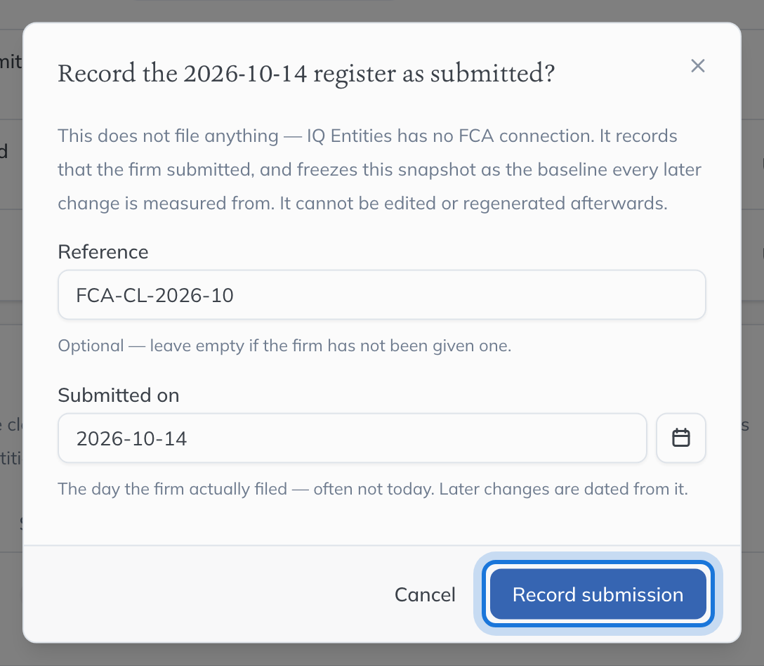 The dialog that records the register as submitted, with its reference and date.