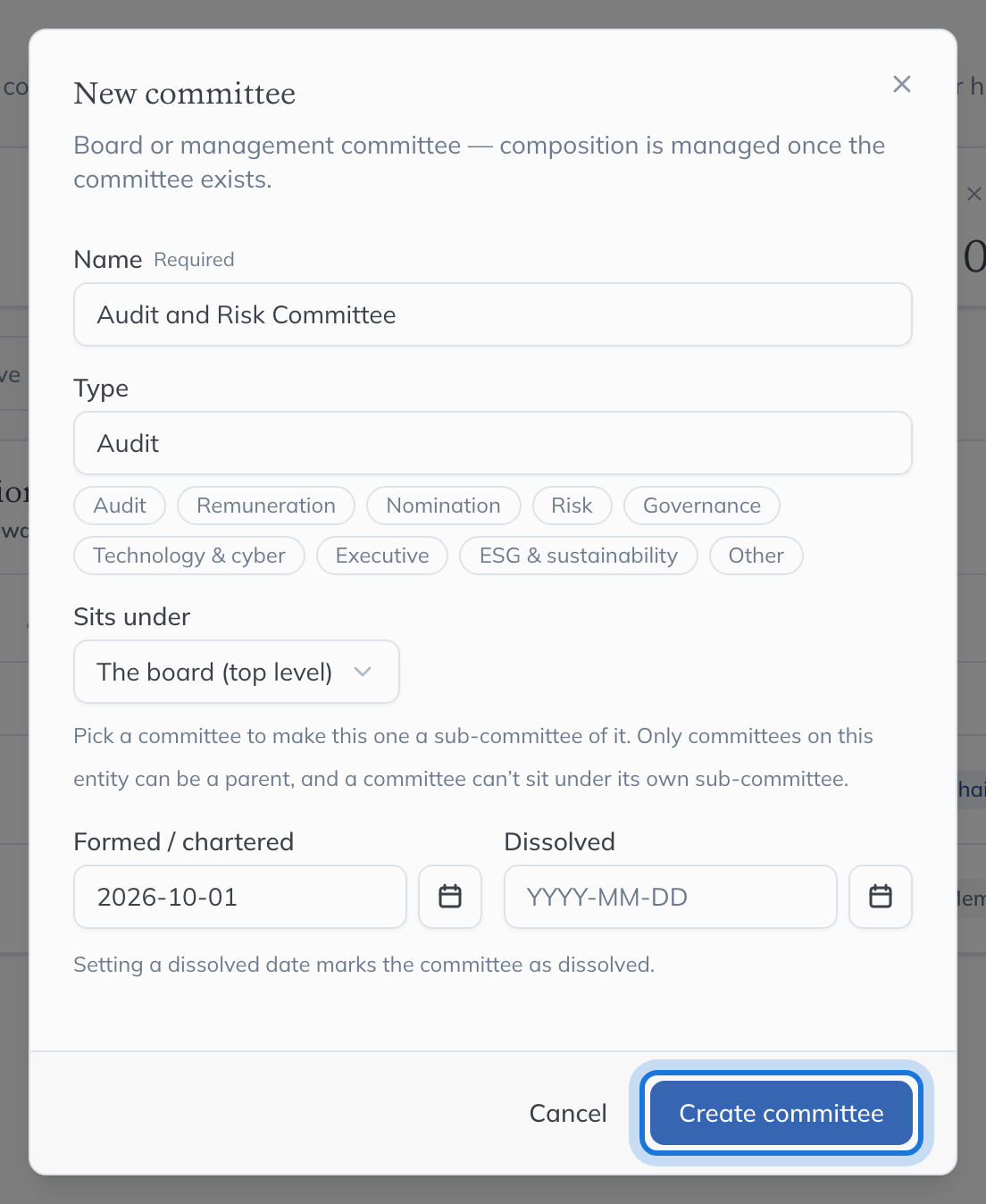 The New committee dialog filled in for an Audit and Risk Committee sitting under the board.